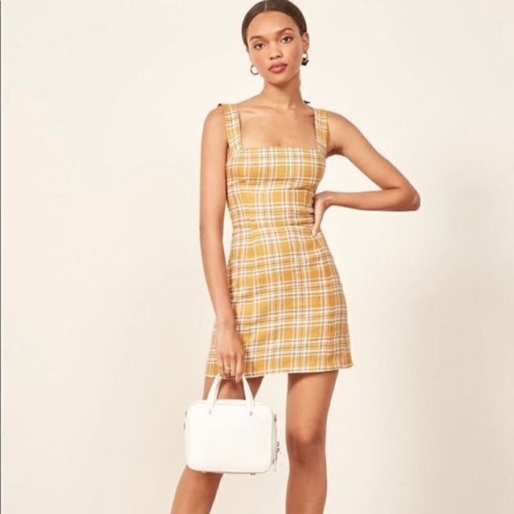 Reformation Brigitte Linen Plaid Square Neck Sleeveless Mini Dress Yellow Size 0